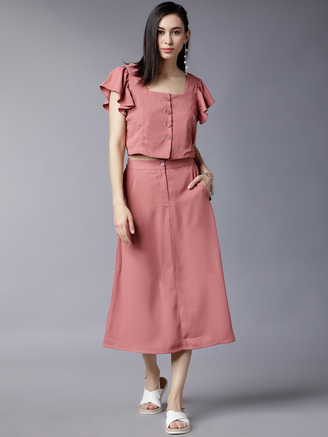 

Tokyo Talkies Women Peach-Coloured Solid Top with Skirt