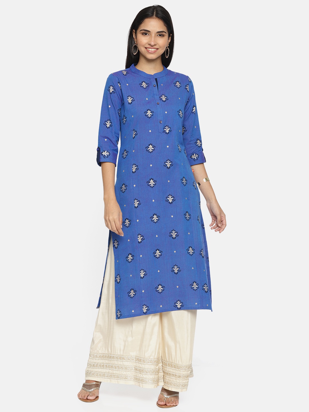 

Alena Women Blue & Gold-Coloured Printed Straight Kurta