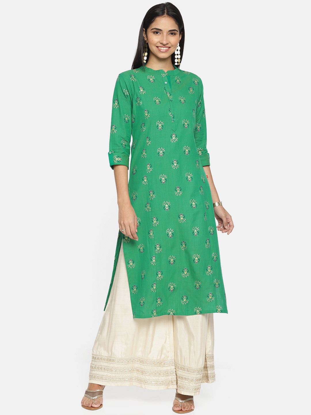 

Alena Women Green & Gold-Coloured Printed Straight Kurta