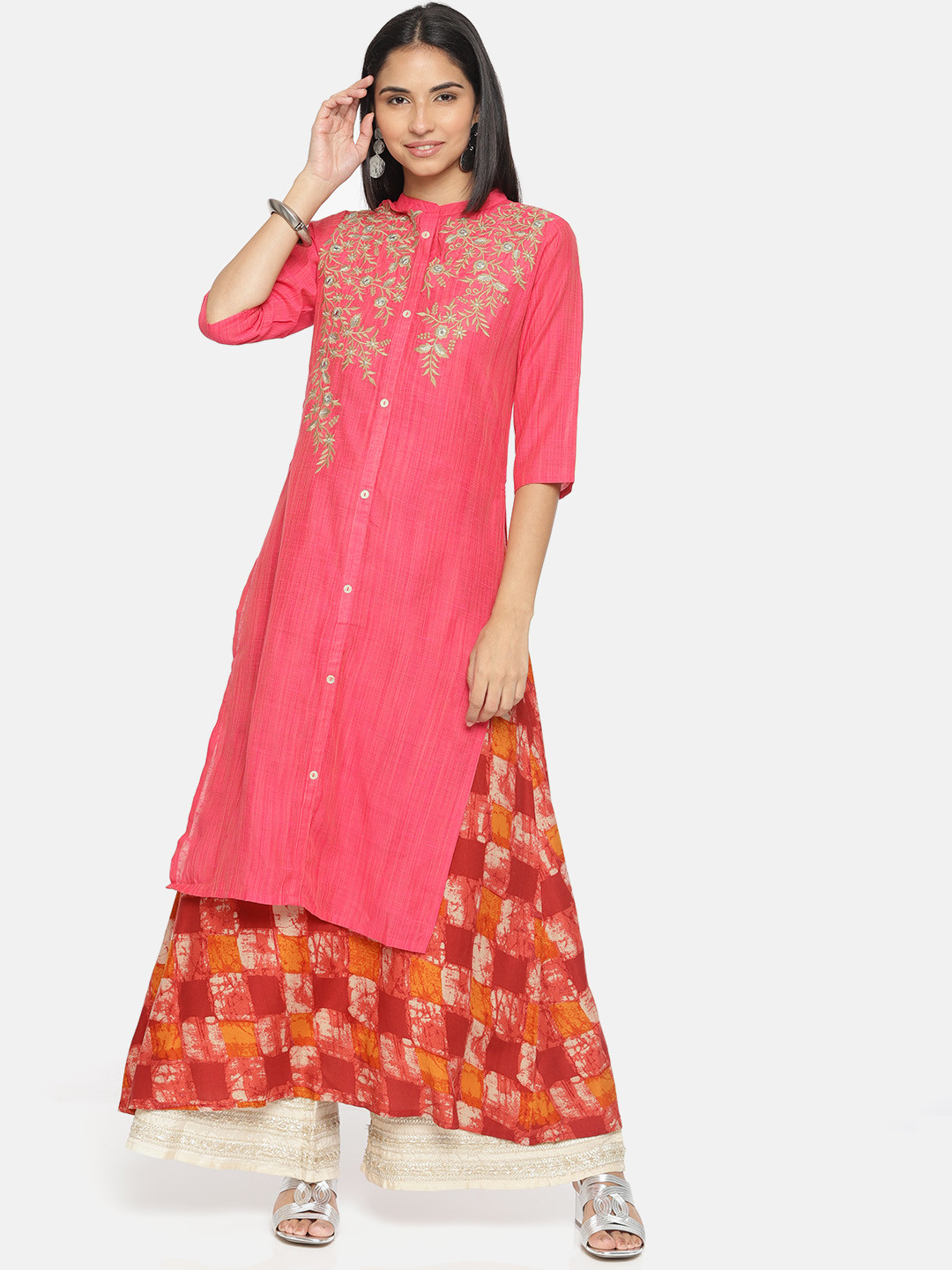 

Alena Women Pink & Red Embroidered A-Line Layered Kurta