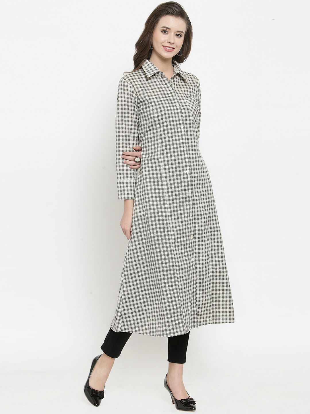 

Get Glamr Women White & Grey Checked A-Line Kurta