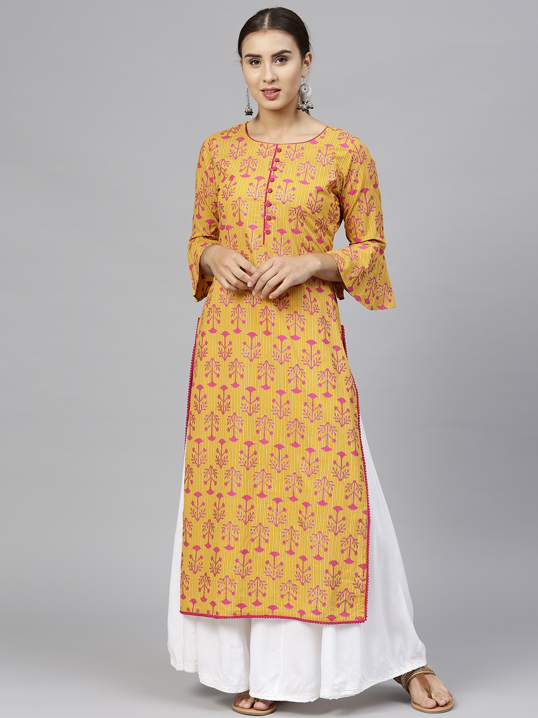 

Varanga Women Mustard Yellow & Magenta Printed Straight Kurta