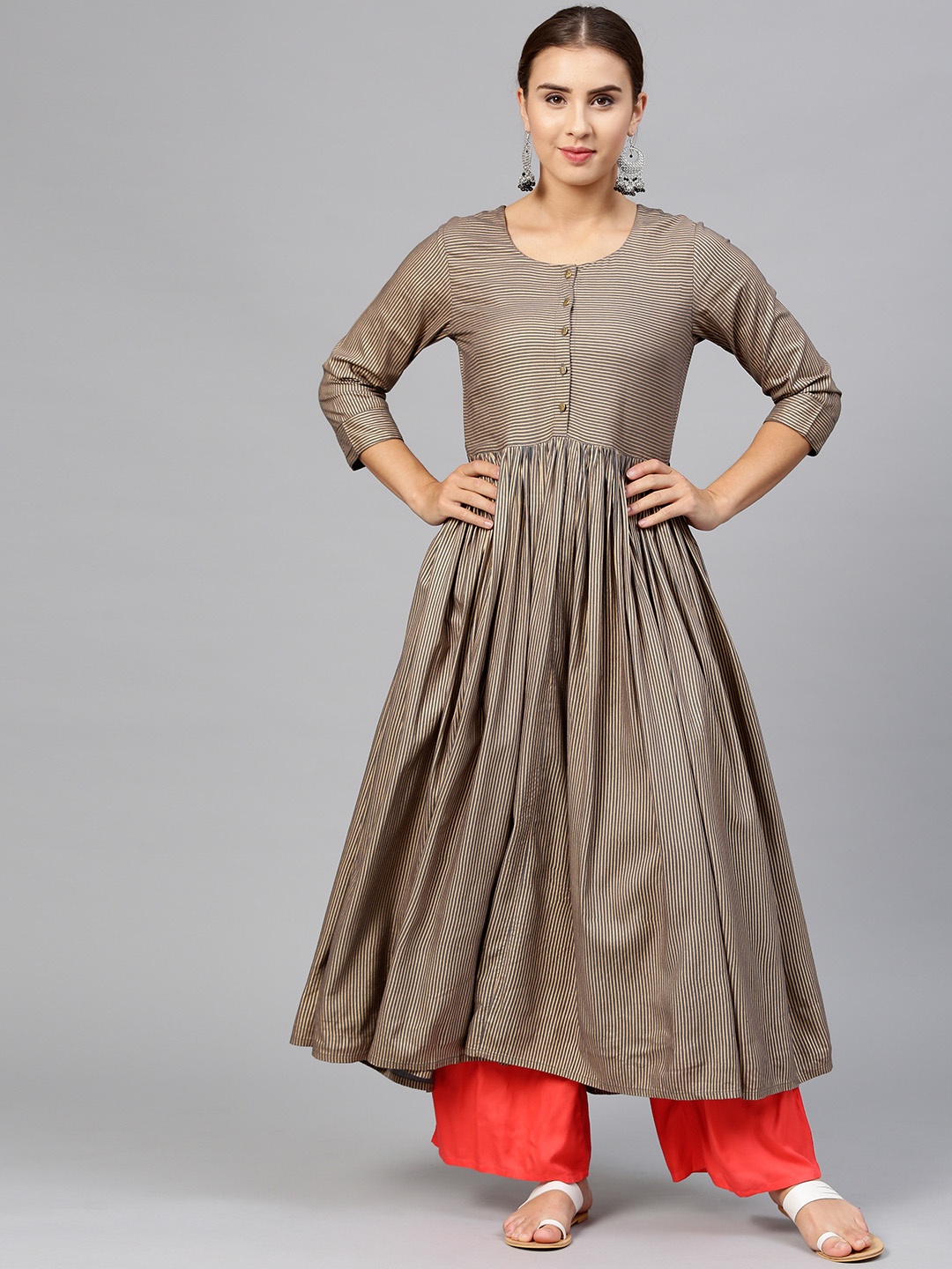 

Varanga Women Grey & Golden Striped Anarkali Kurta
