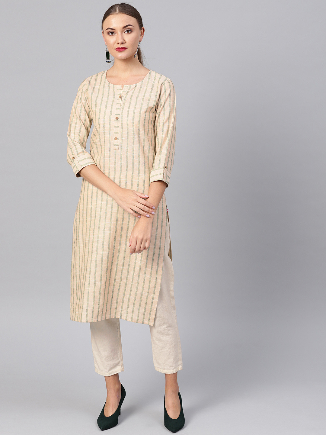 

Varanga Women Beige & Green Striped Straight Kurta
