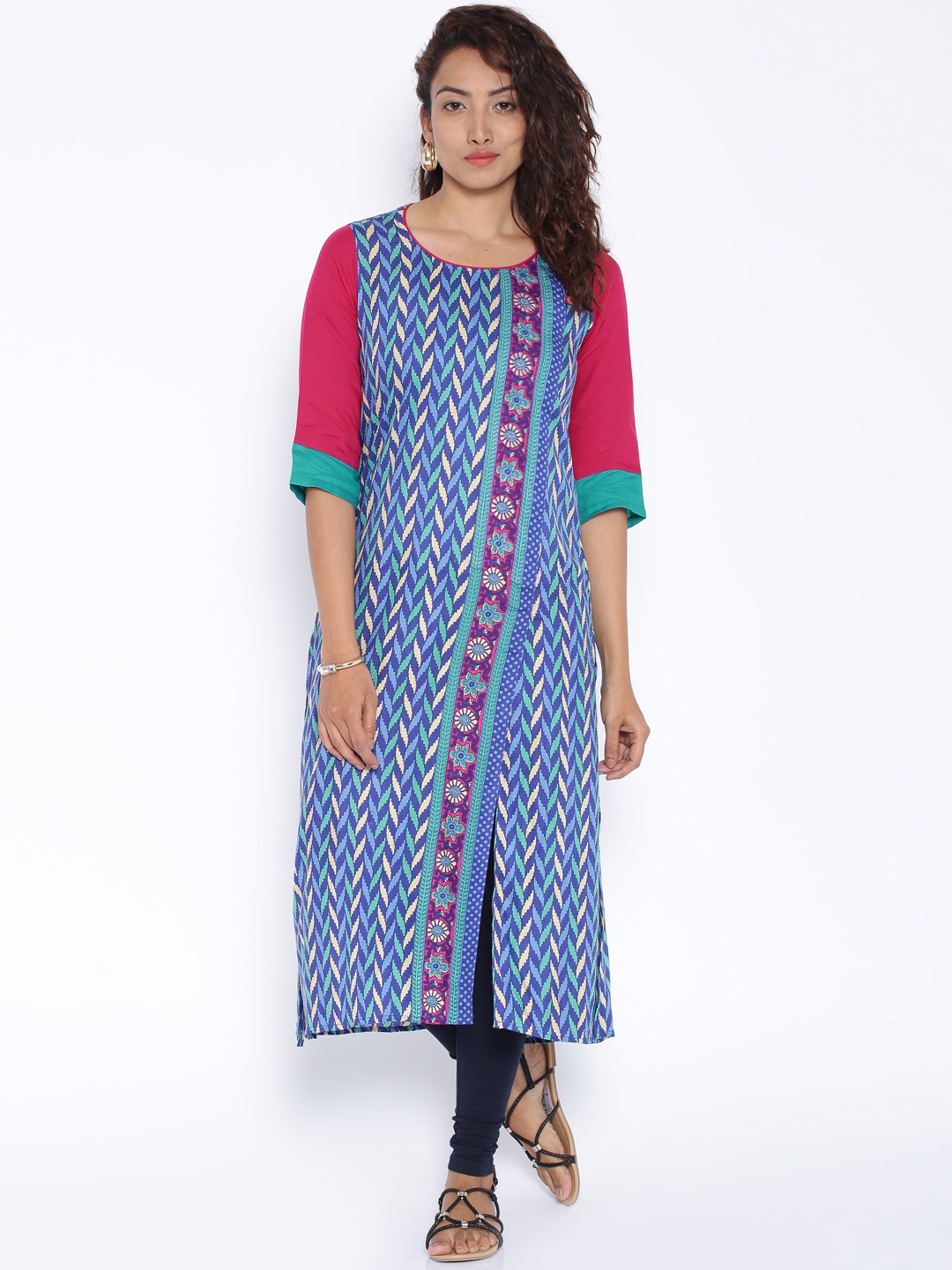 

Desi Weavess Women Blue Printed Straight Kurta