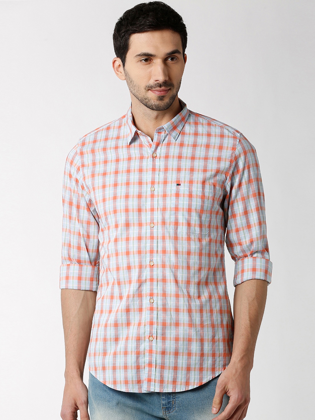 

Peter England Casuals Men Blue & Orange Slim Fit Checked Casual Shirt