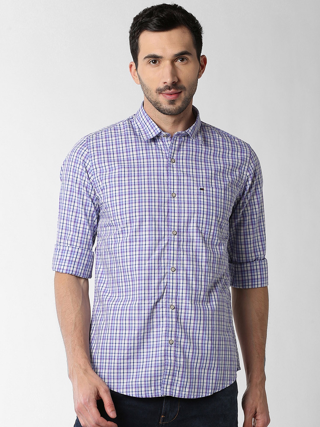 

Peter England Casuals Men Purple & Beige Slim Fit Checked Casual Shirt