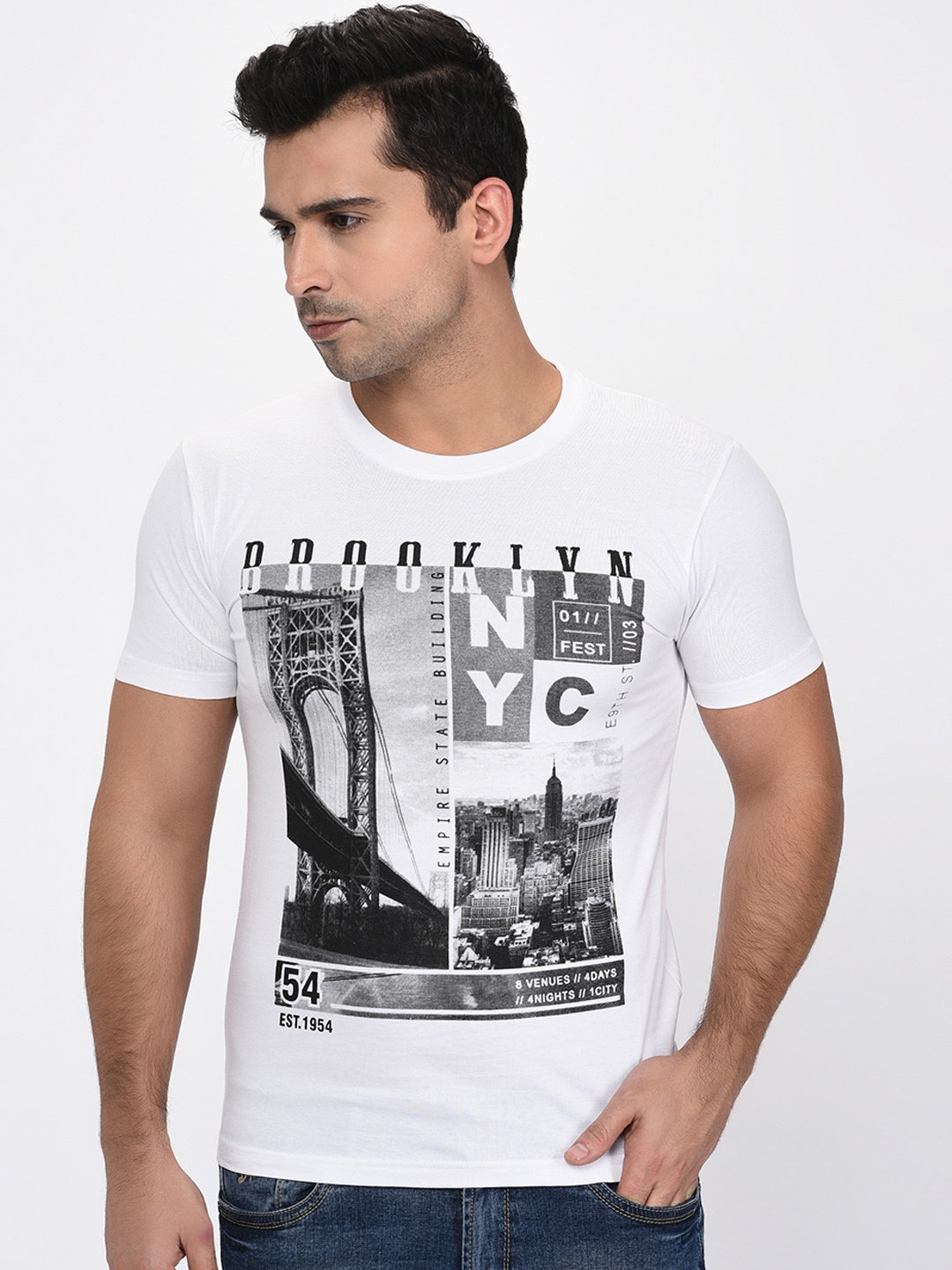 

Okane Men White Printed Round Neck T-shirt