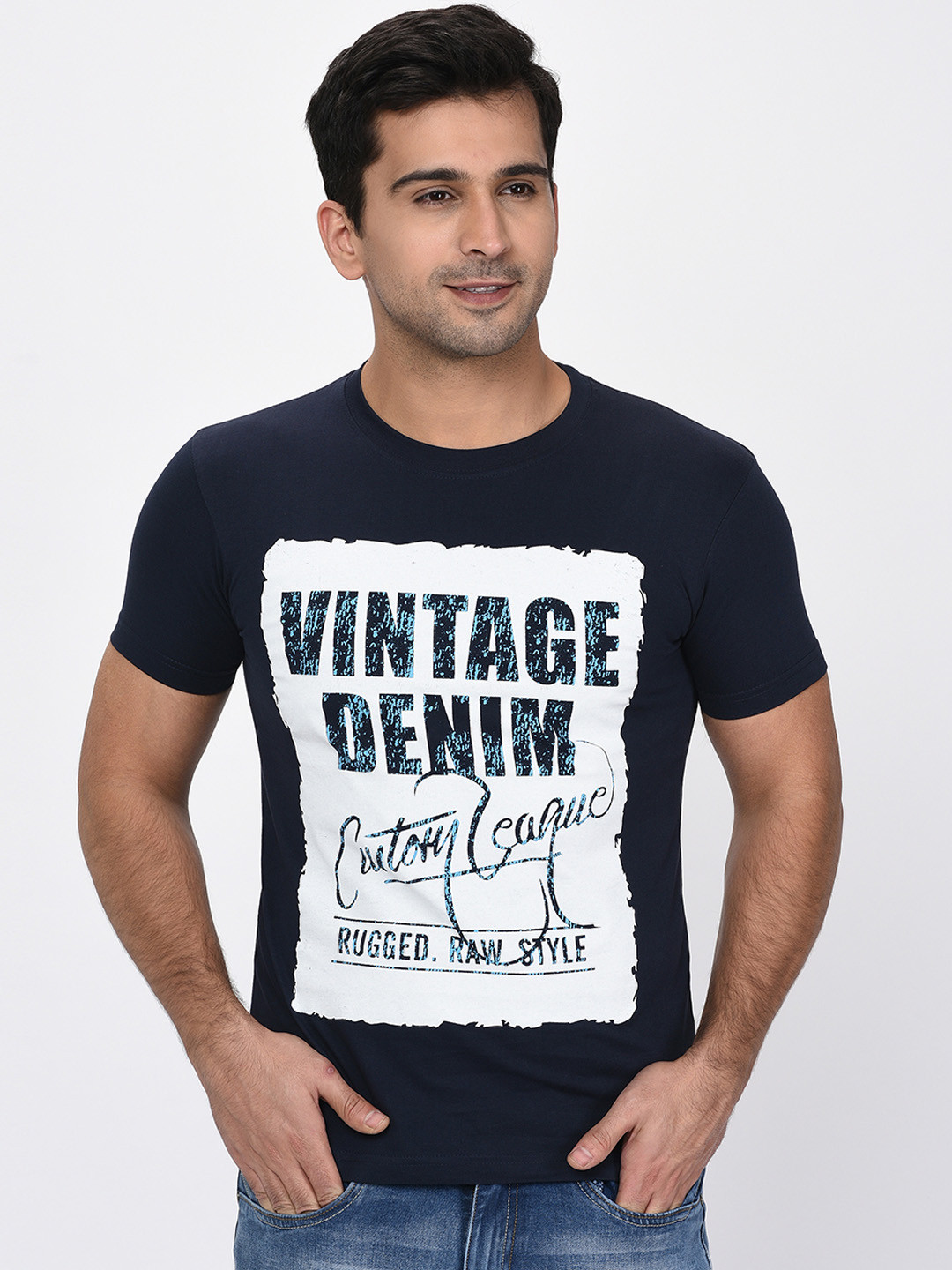 

Okane Men Navy Blue Printed Round Neck T-shirt