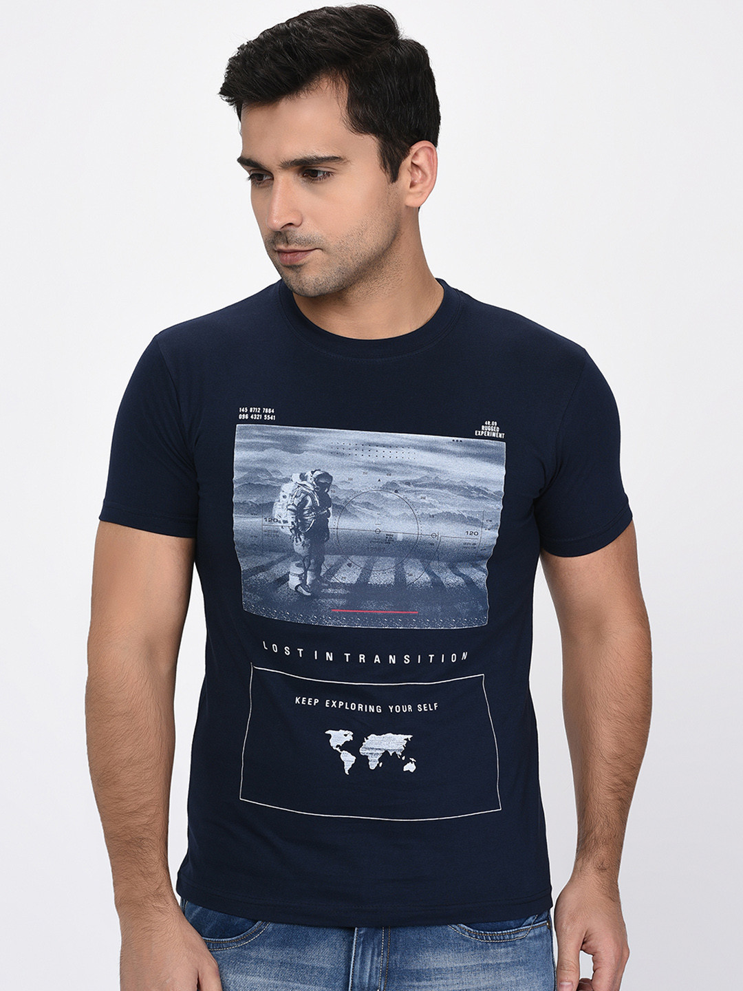 

Okane Men Navy Blue Printed Round Neck T-shirt