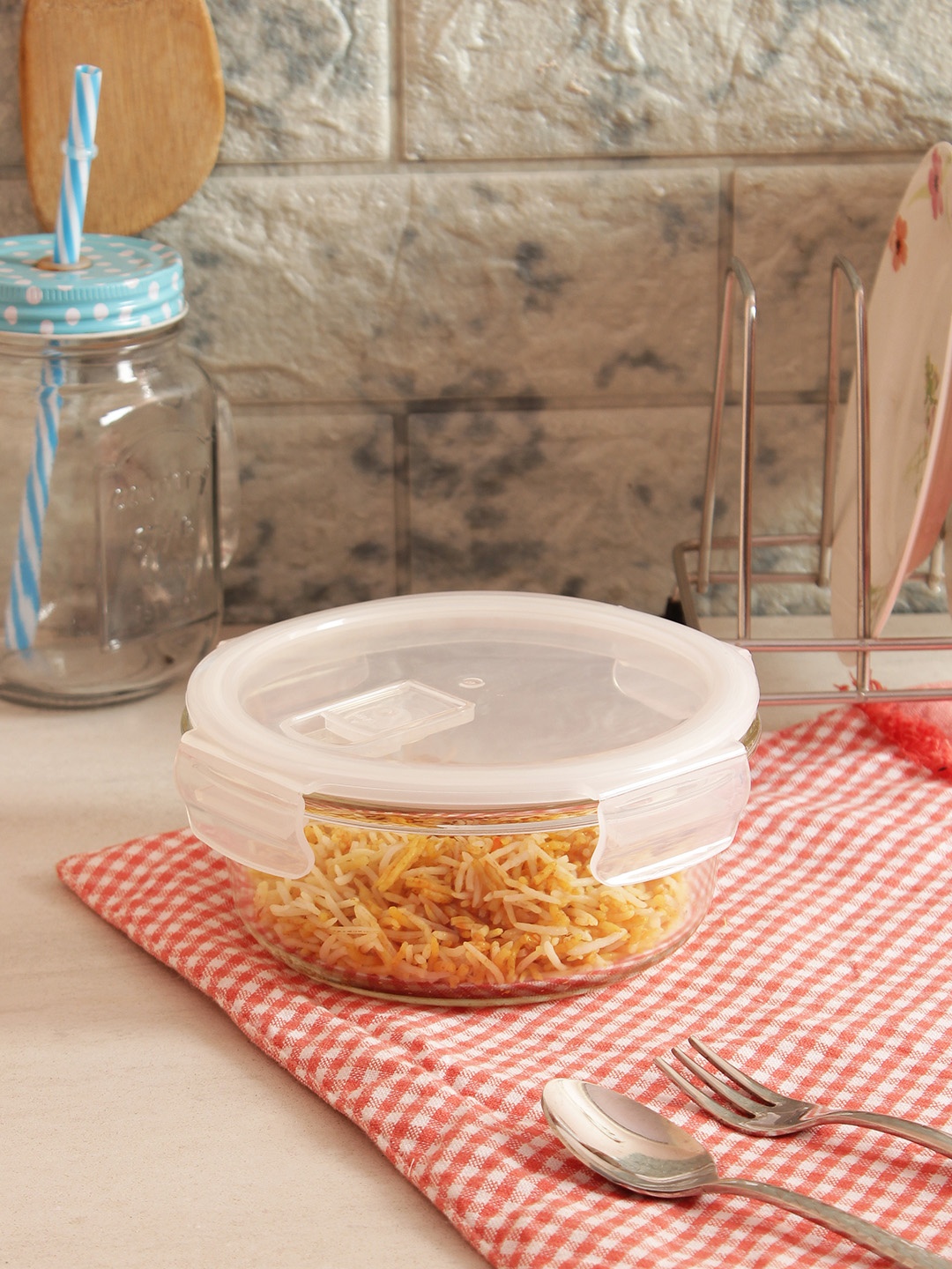 

Femora Borosilicate Round Glass Food Container with Air Vent Lid-Microwave Safe 580 ml, Transparent