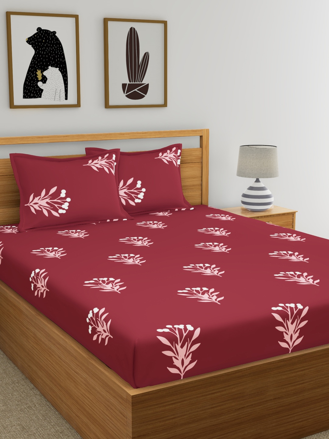 

Home Ecstasy Maroon Floral 140 TC Cotton 1 Queen Bedsheet with 2 Pillow Covers