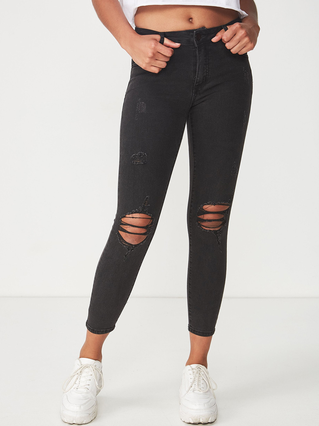 

COTTON ON Women Black Super Skinny Fit Mid-Rise Slash Knee Jeans