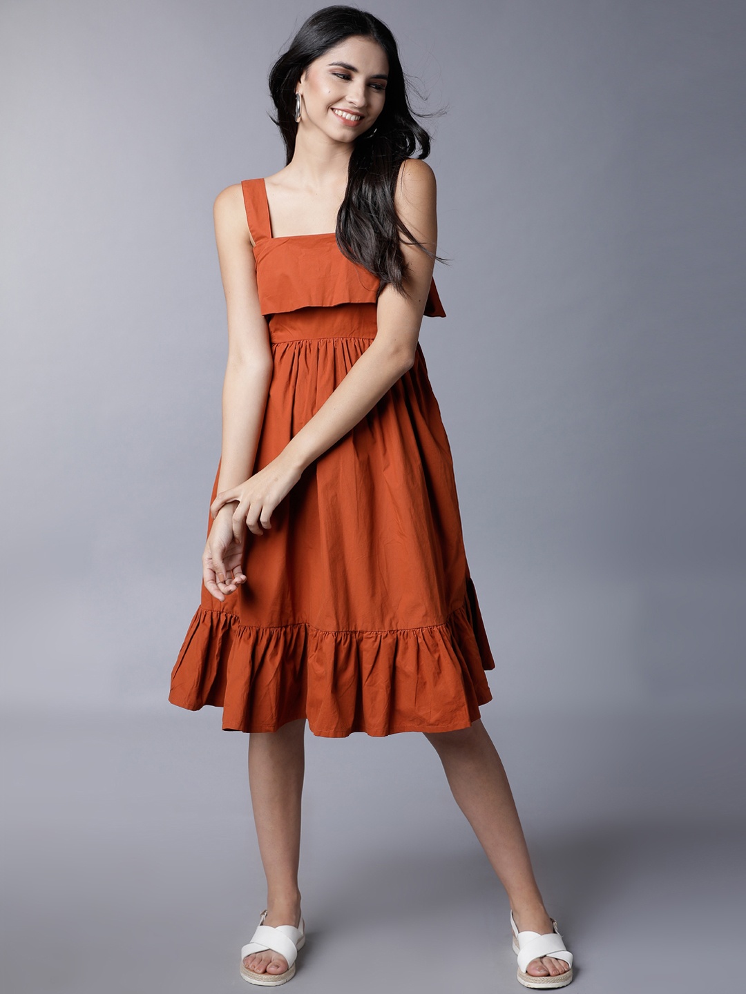 

Tokyo Talkies Women Rust Solid Fit and Flare Dress