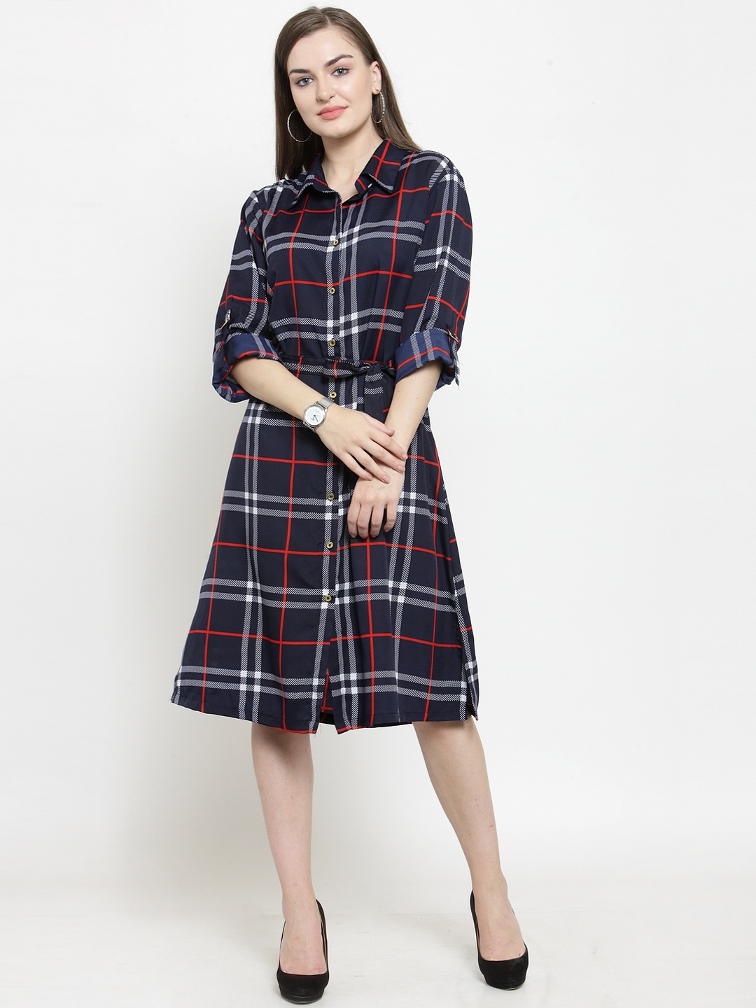 

Purple State Women Blue Checked Shirt Dress