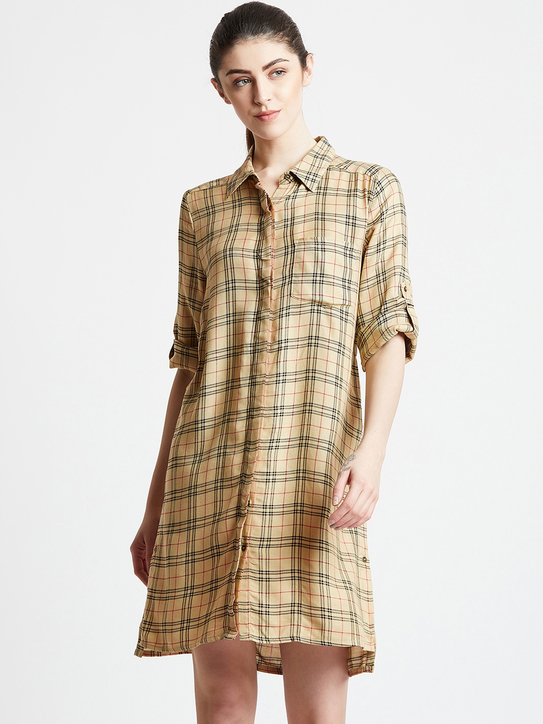

COVER STORY Women Beige Checked Shirt Dress