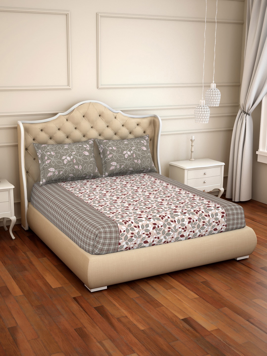 

SPACES Taupe & Beige Floral 144 TC Cotton 1 Queen Bedsheet with 2 Pillow Covers