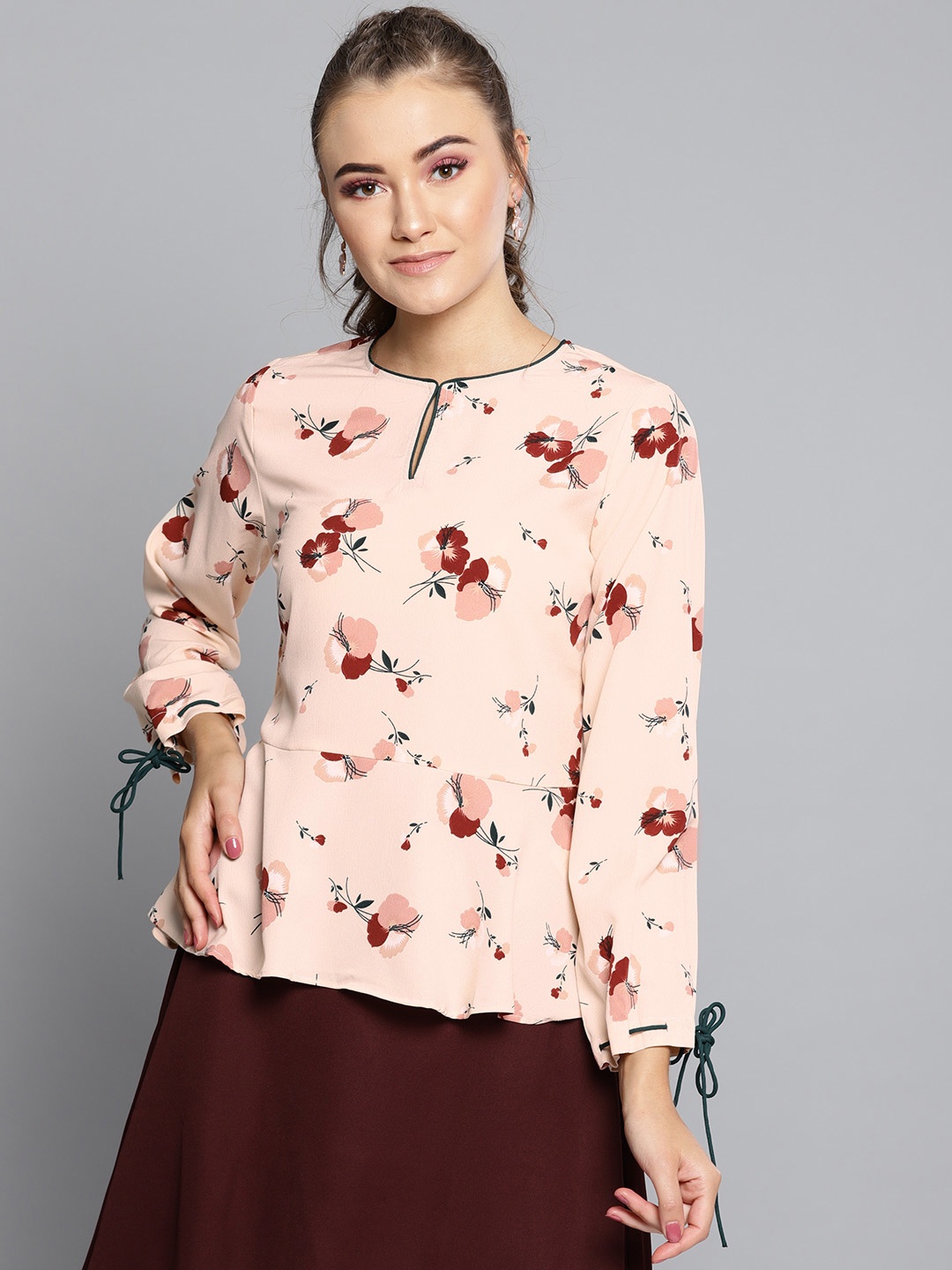 

RARE Women Peach-Coloured & Maroon Printed A-Line Top