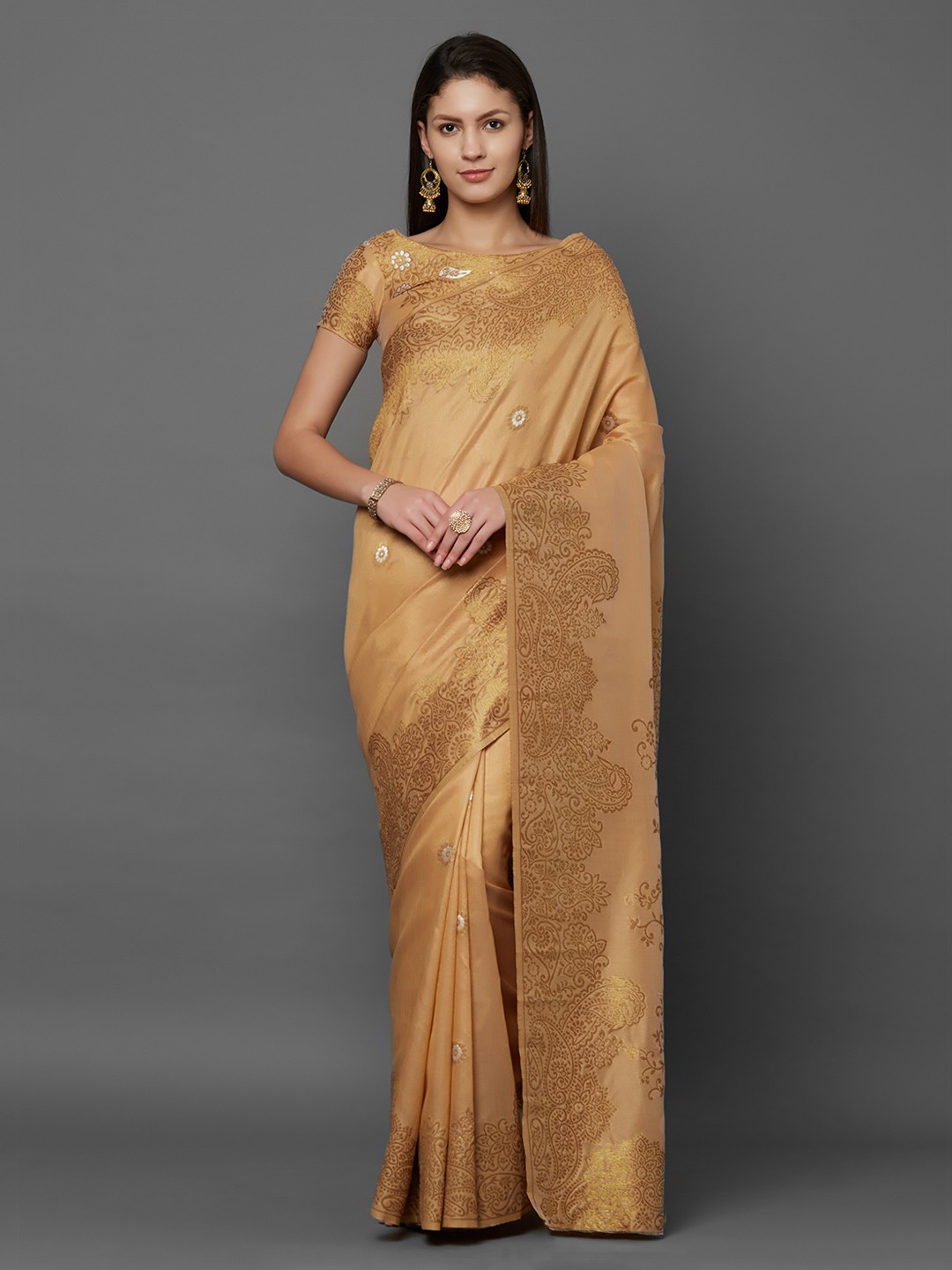 

Mitera Beige & Gold-Toned Silk Blend Woven Design Banarasi Saree