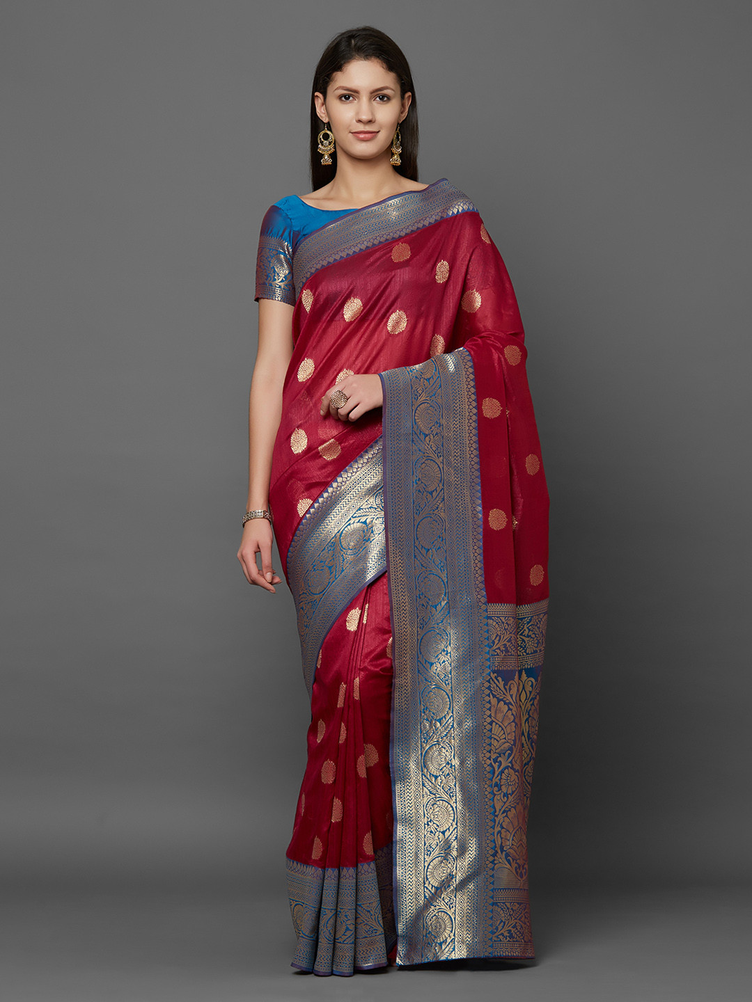 

Mitera Maroon & Blue Silk Blend Woven Design Banarasi Saree