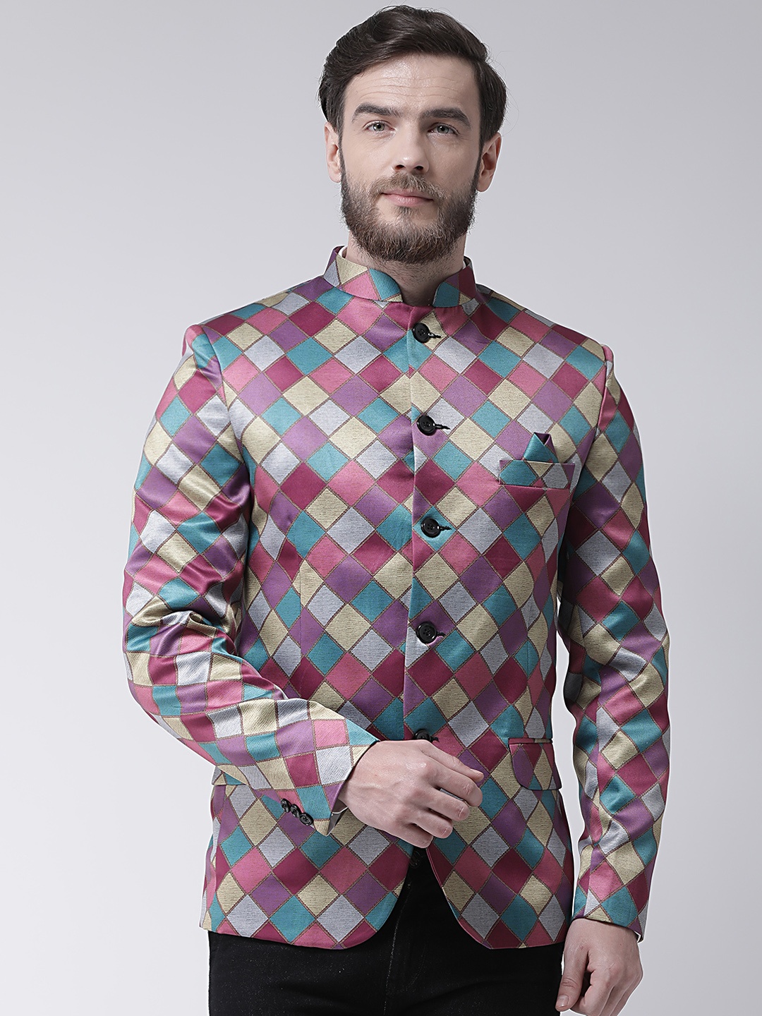 

Hangup Men Multicoloured Checked Regular-Fit Bandhgala Blazer, Multi