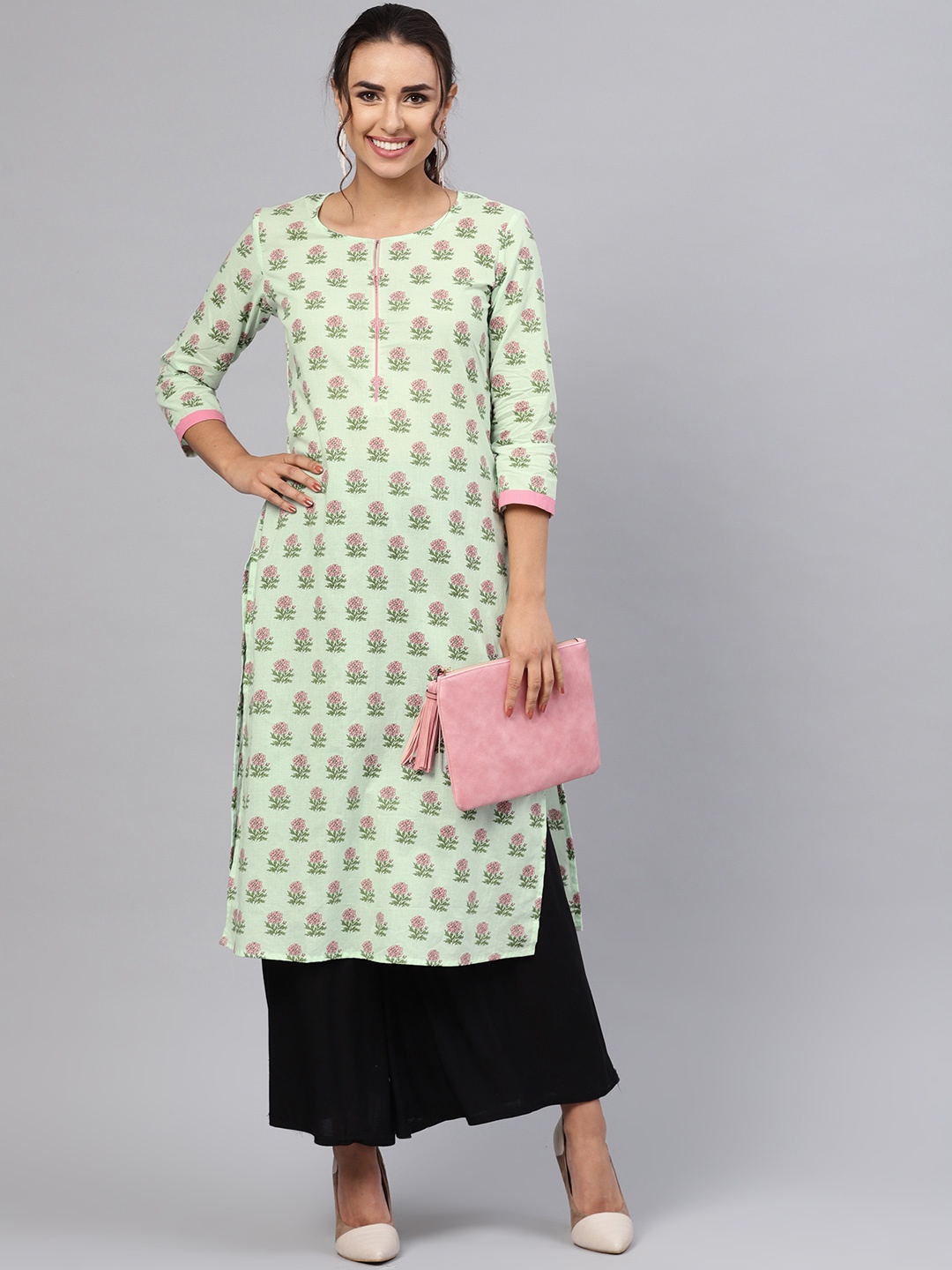

anayna Women Sea Green & Pink Printed Straight Kurta