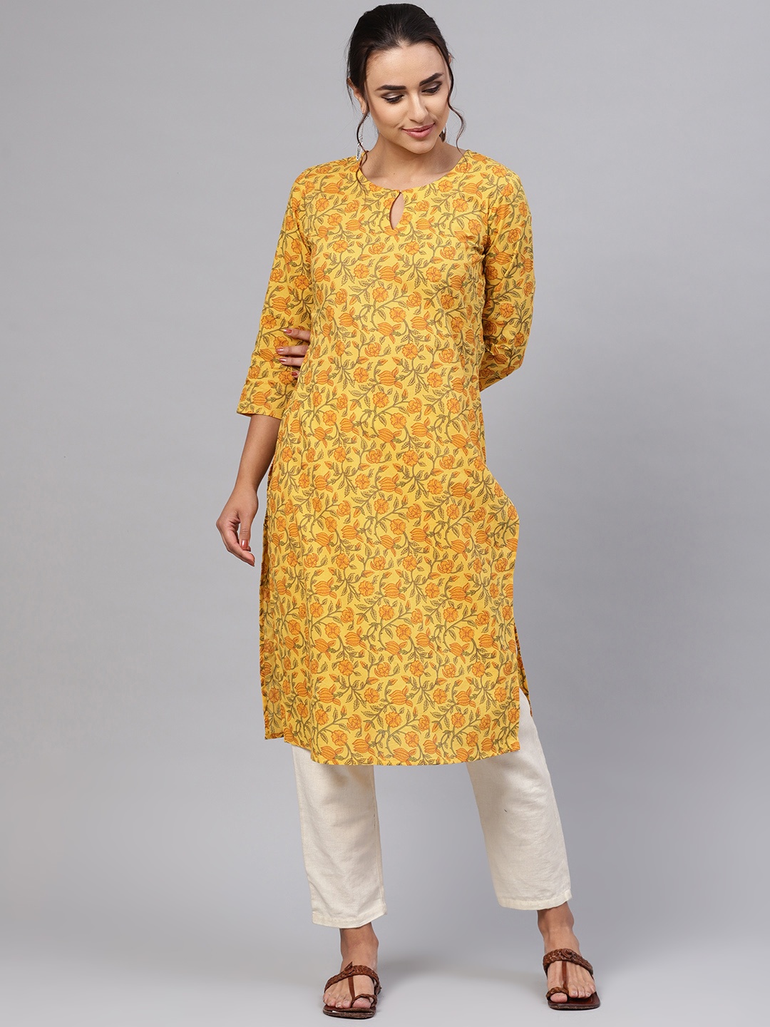 

anayna Women Yellow & Green Floral Print Straight Kurta