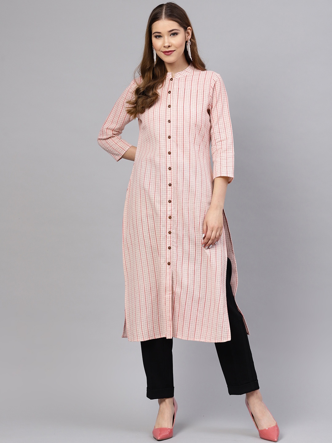 

anayna Women Pink & Red Checked Straight Kurta
