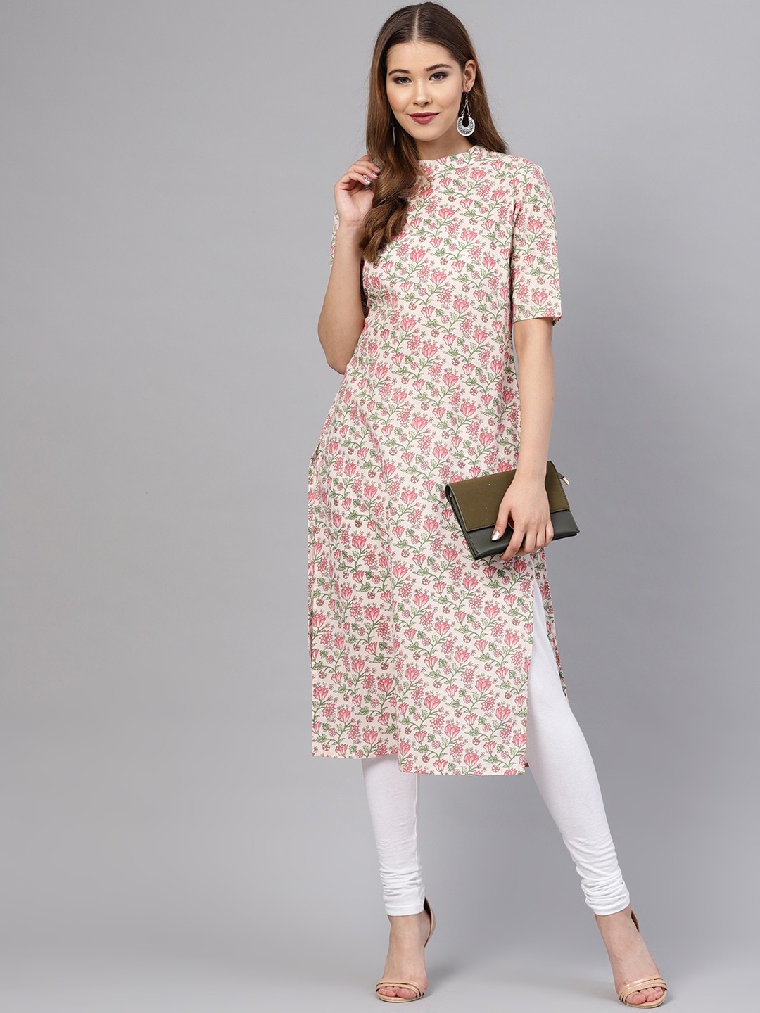 

anayna Women Pink & Green Floral Print Straight Kurta