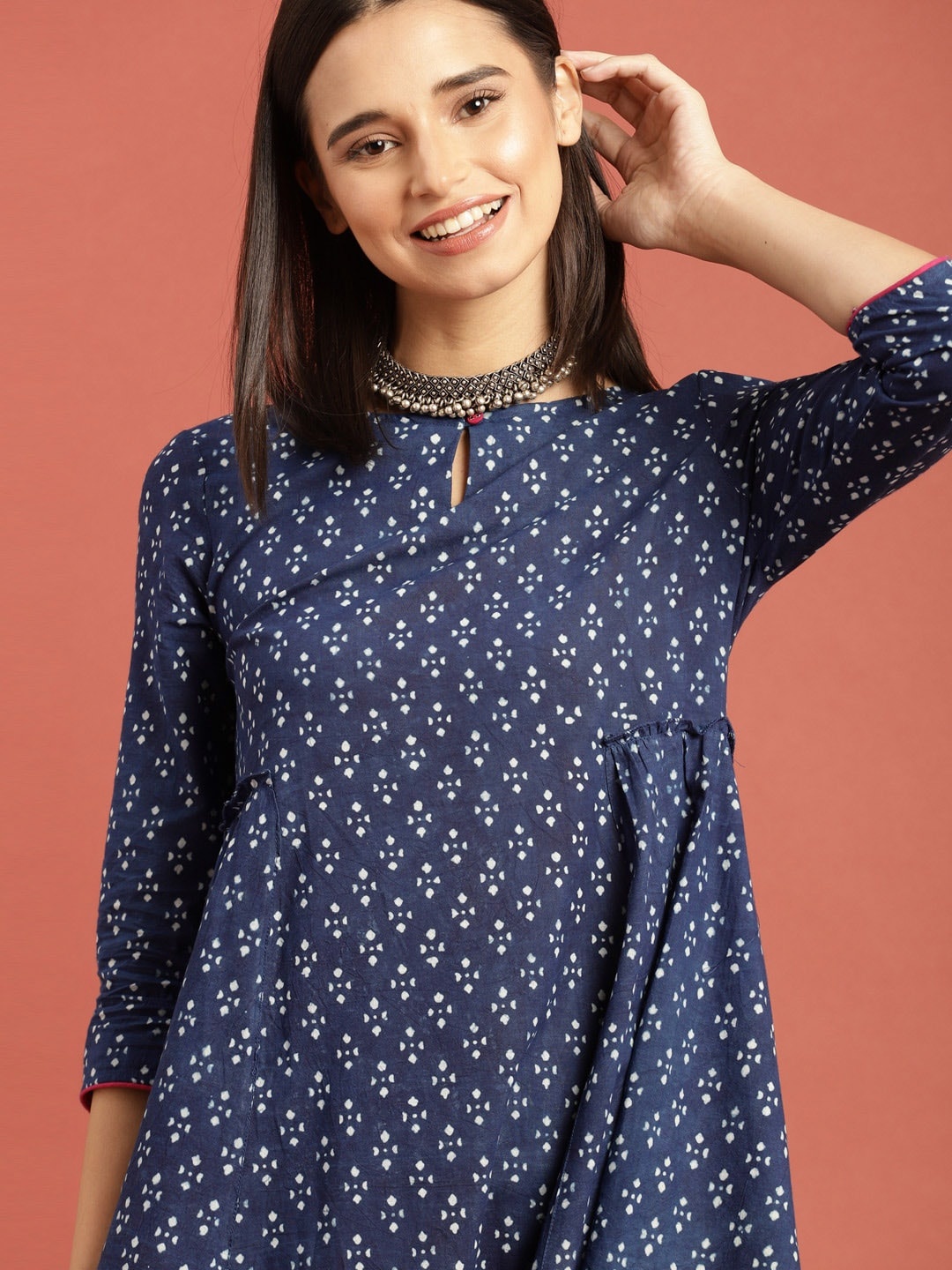 

Taavi Blue Indigo Hand Block Print A-Line Sustainable Pure Cotton Dress with Pocket Detail