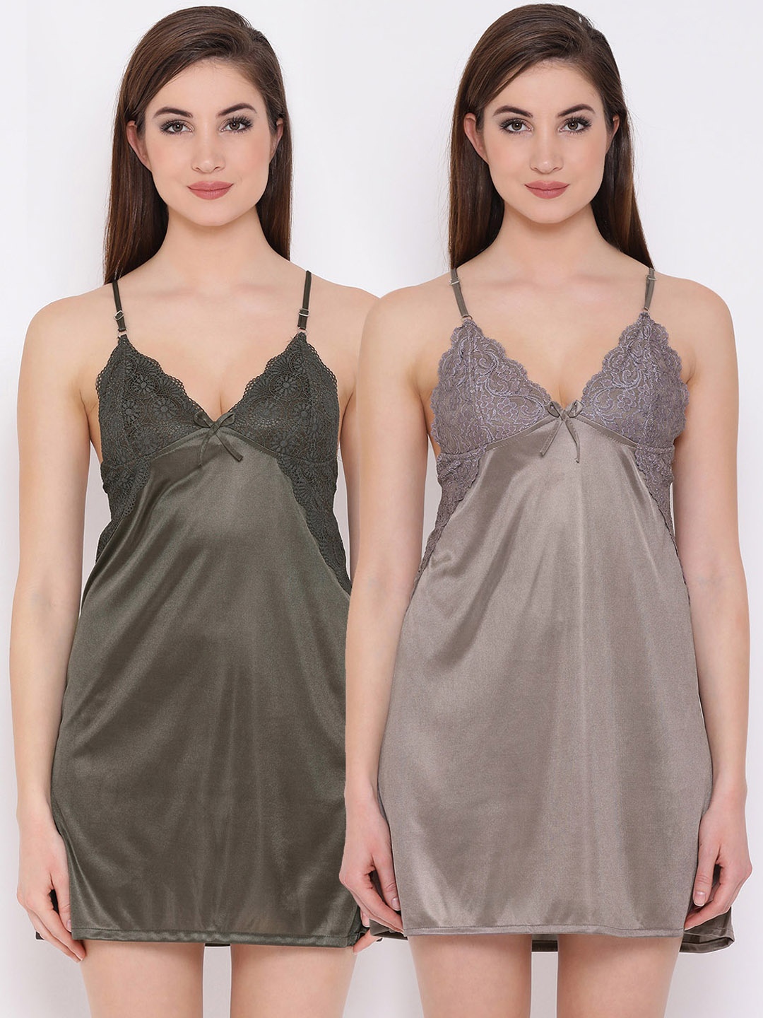 

Clovia Pack of 2 Satin Babydoll With Lacy Cups COMBNS103XL, Grey