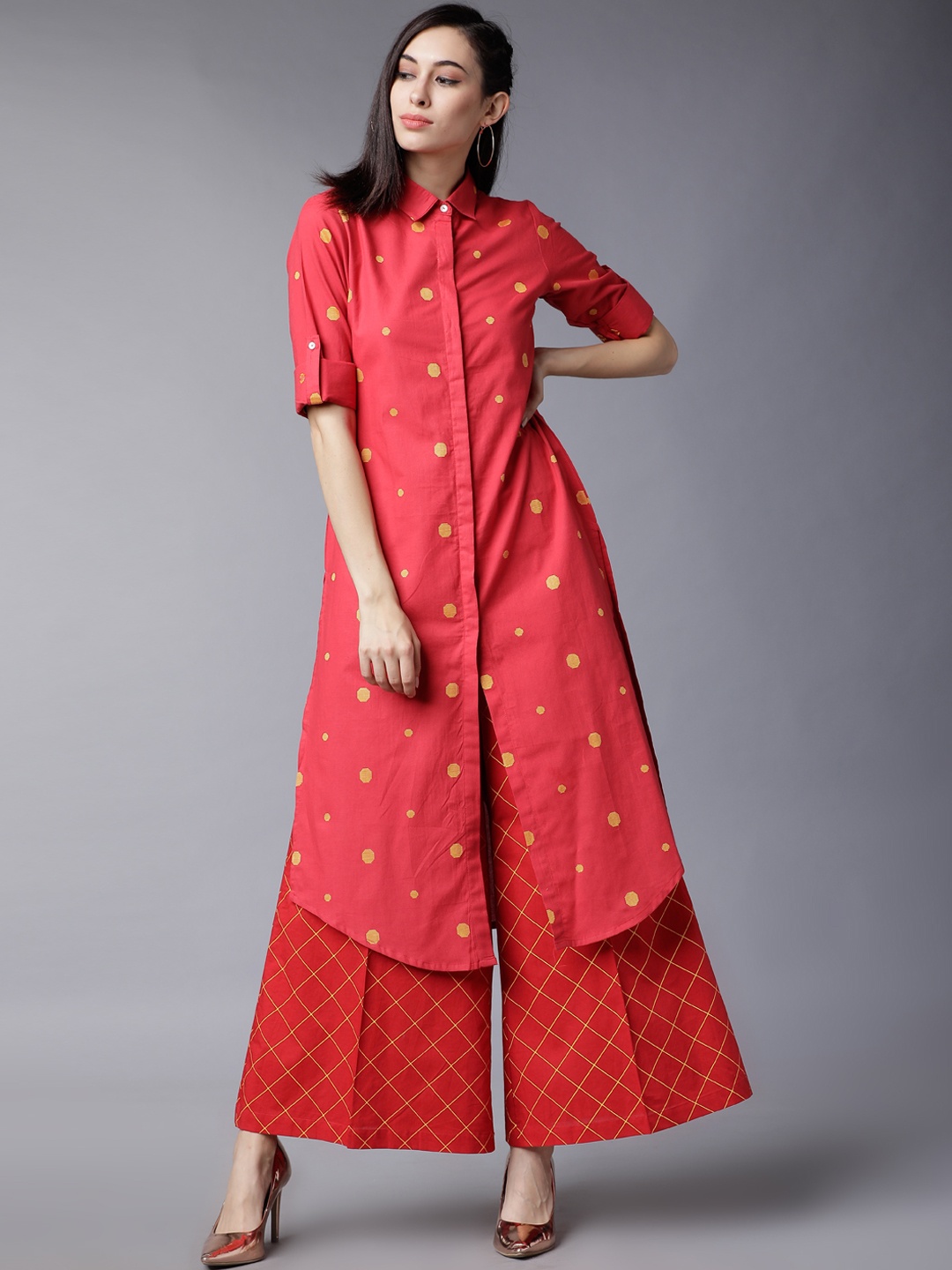 

Vishudh Women Red & Mustard Yellow Printed Kurta with Palazzos