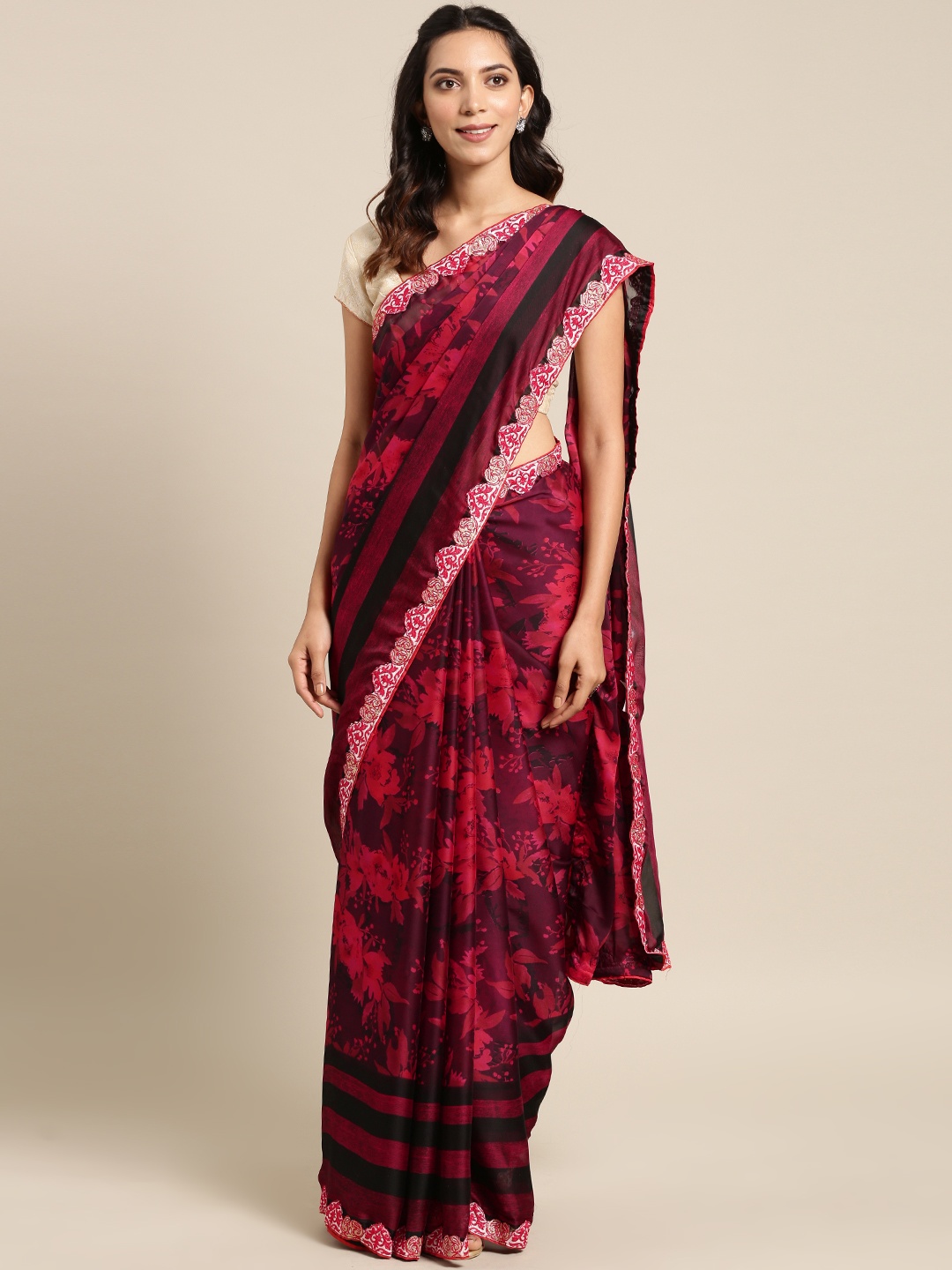 

Aarrah Women Purple & Red Satin Printed Saree