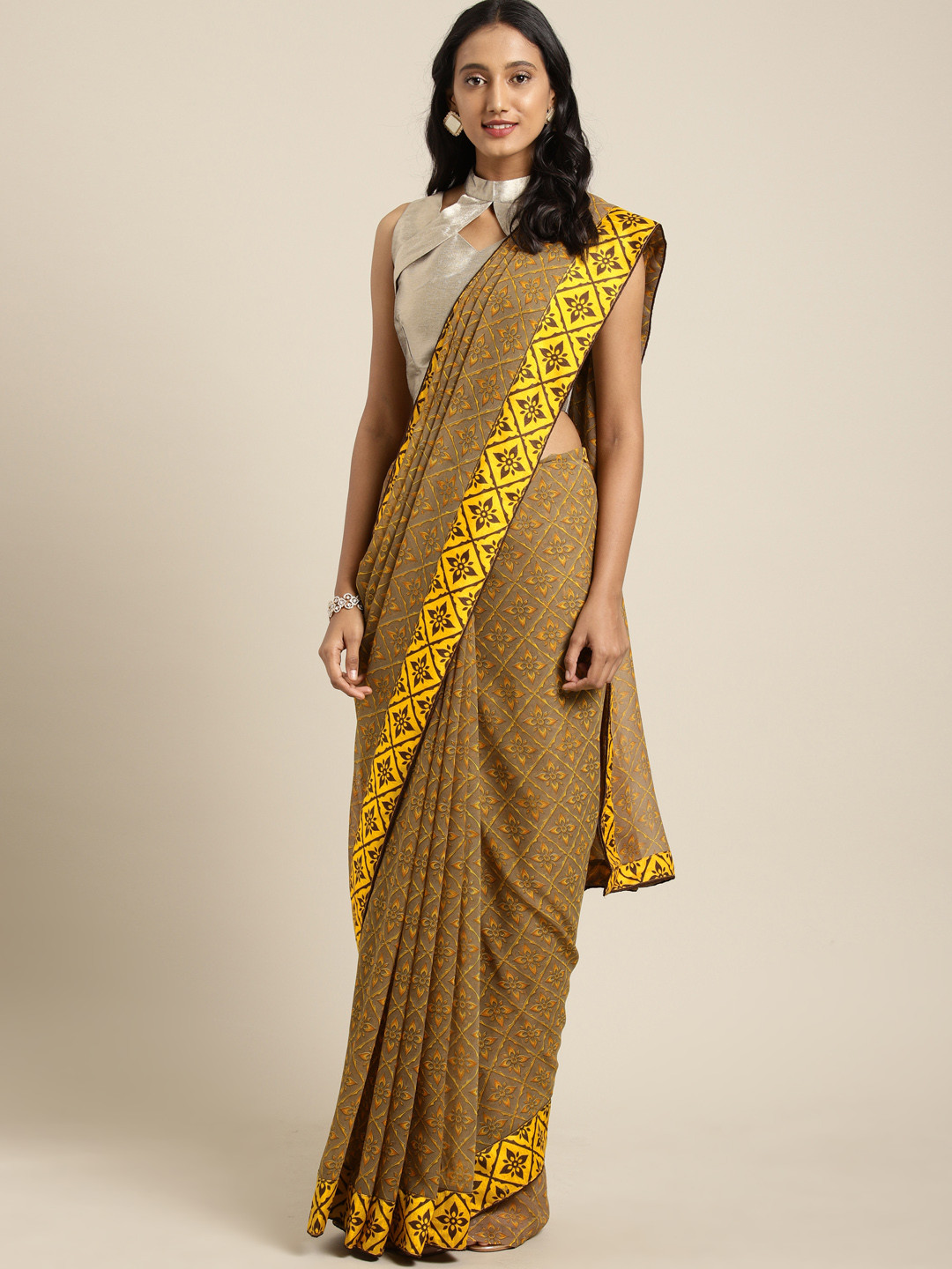 

Aarrah Women Olive Green & Mustard Yellow Pure Georgette Printed Saree