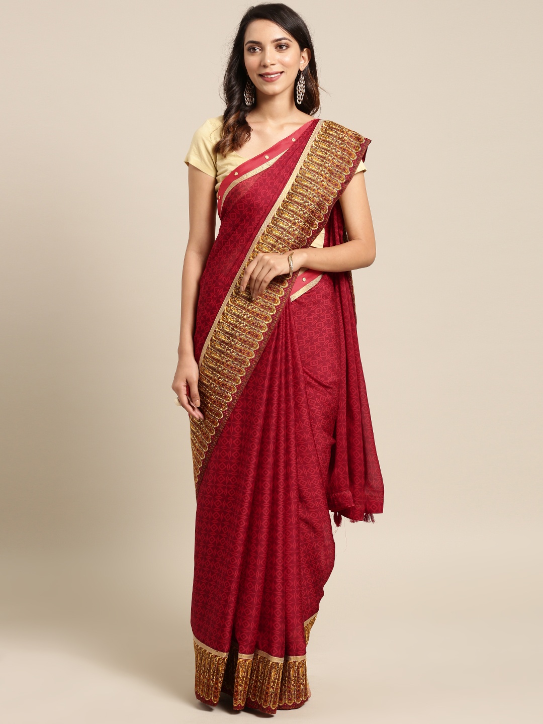 

Aarrah Women Maroon Printed Pure Chiffon Saree