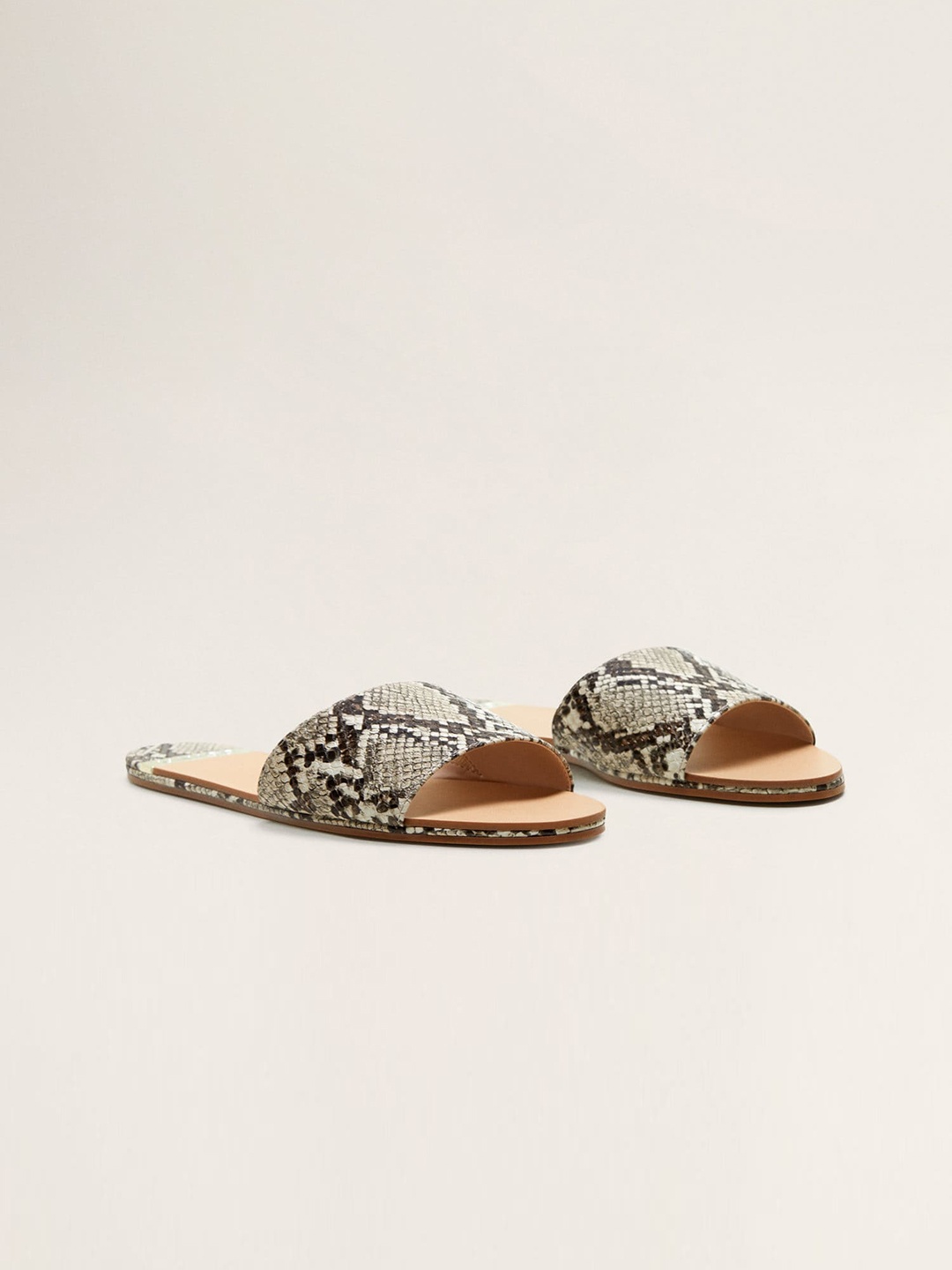 

MANGO Women Beige & Brown Snakeskin Textured Open Toe Flats