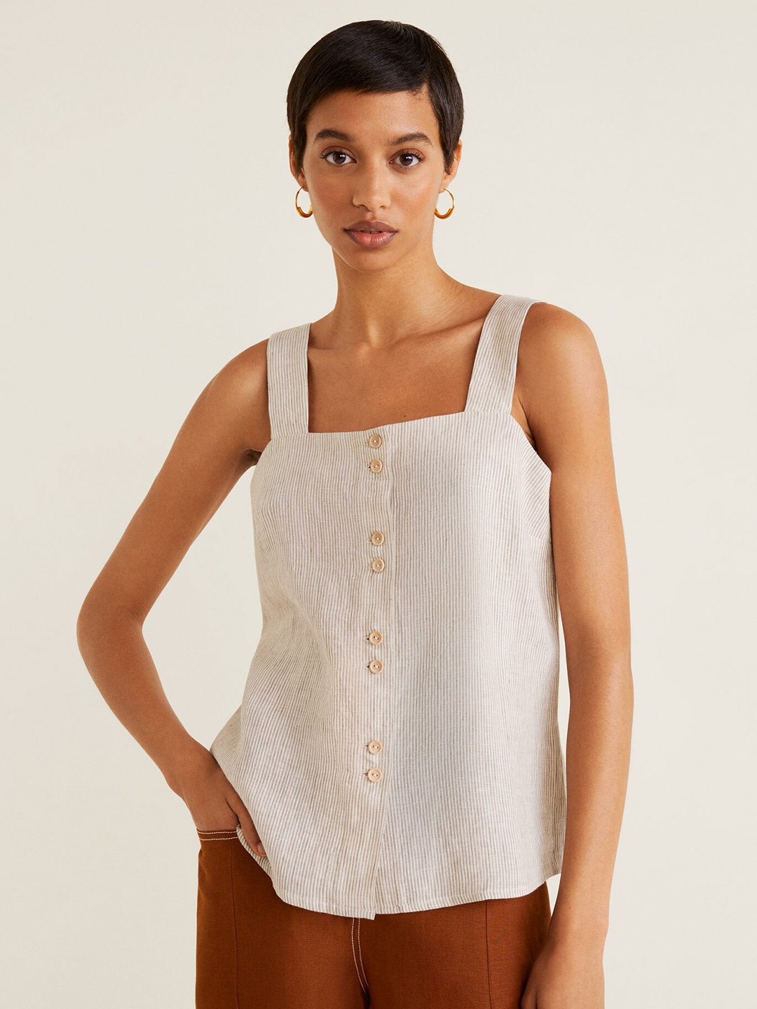 

MANGO Women Beige & Off-White Linen Striped Top