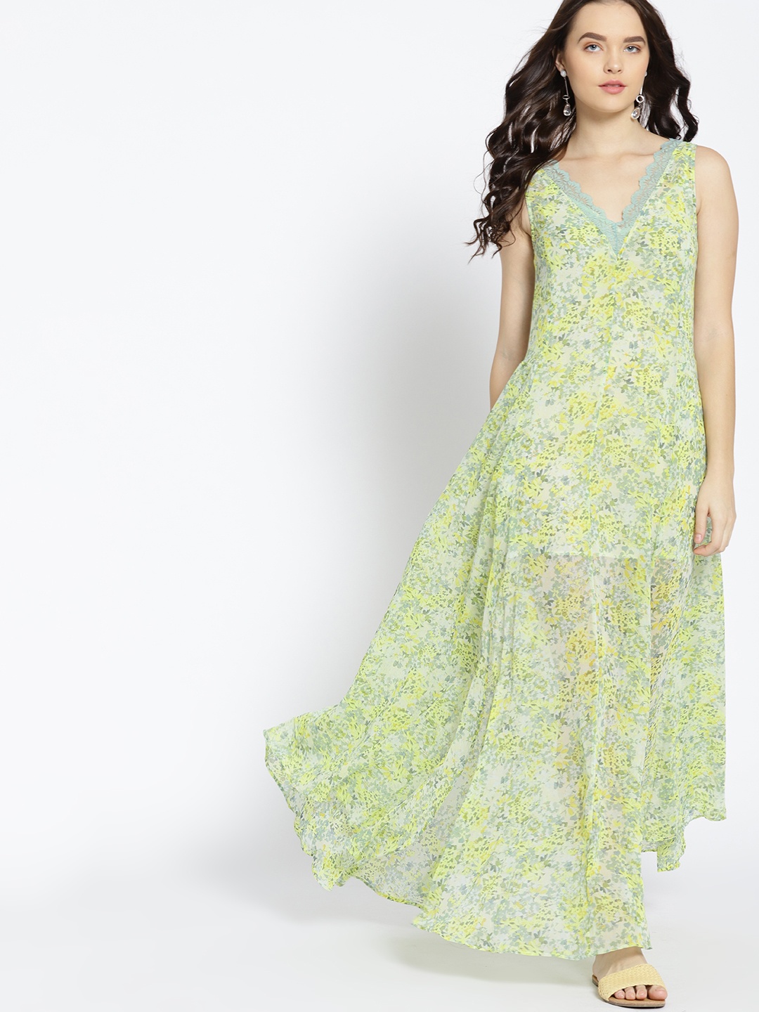 

MANGO Women Green & Yellow Semi-Sheer Printed Maxi Dress