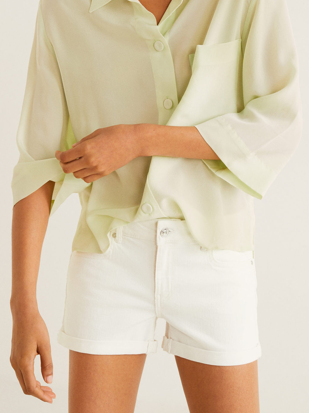 

MANGO Women Off-White Solid Denim Shorts