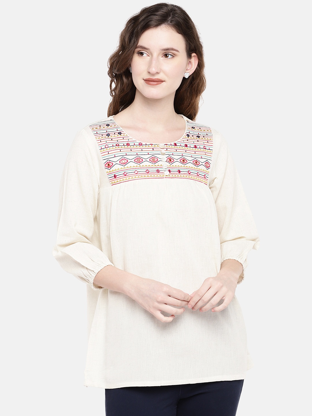 

Ethnicity Women Cream-Coloured Solid Blouson Top