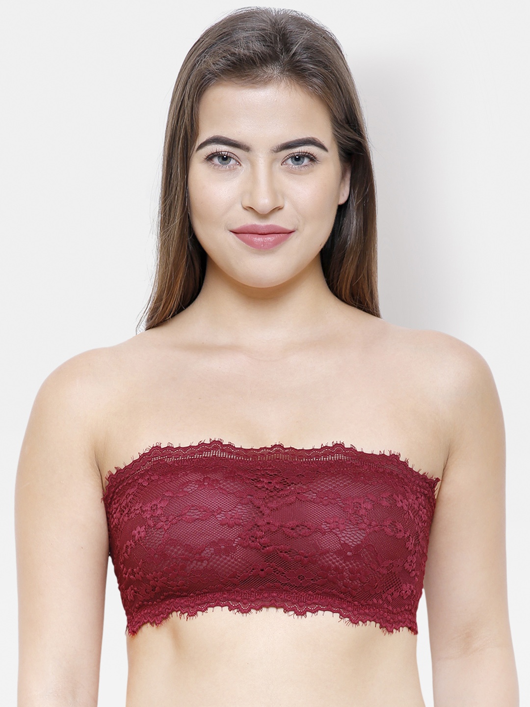 

FashionRack Maroon Lace Non-Wired Lightly Padded Bandeau Bra 8043