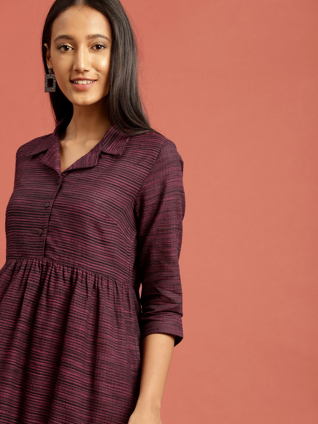 

Taavi Purple & Black Woven Legacy A-Line Striped Midi Pure Cotton Dress with Gathers & Pockets