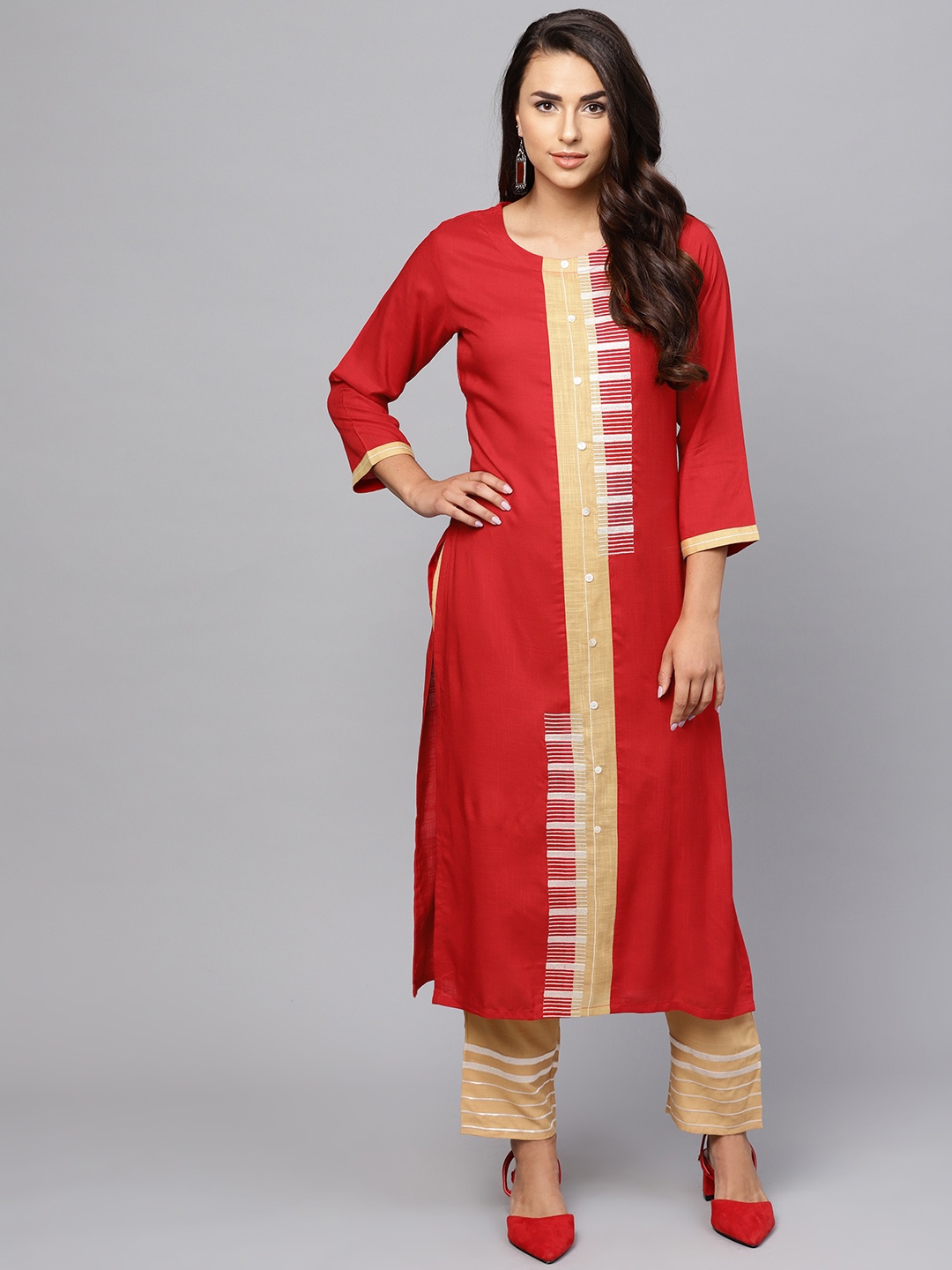 

Indo Era Women Red & Beige Embroidered Detail Straight Kurta