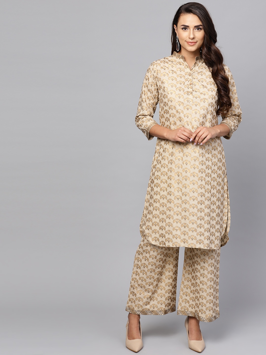 

Indo Era Women Beige & Golden Printed Kurta with Palazzos