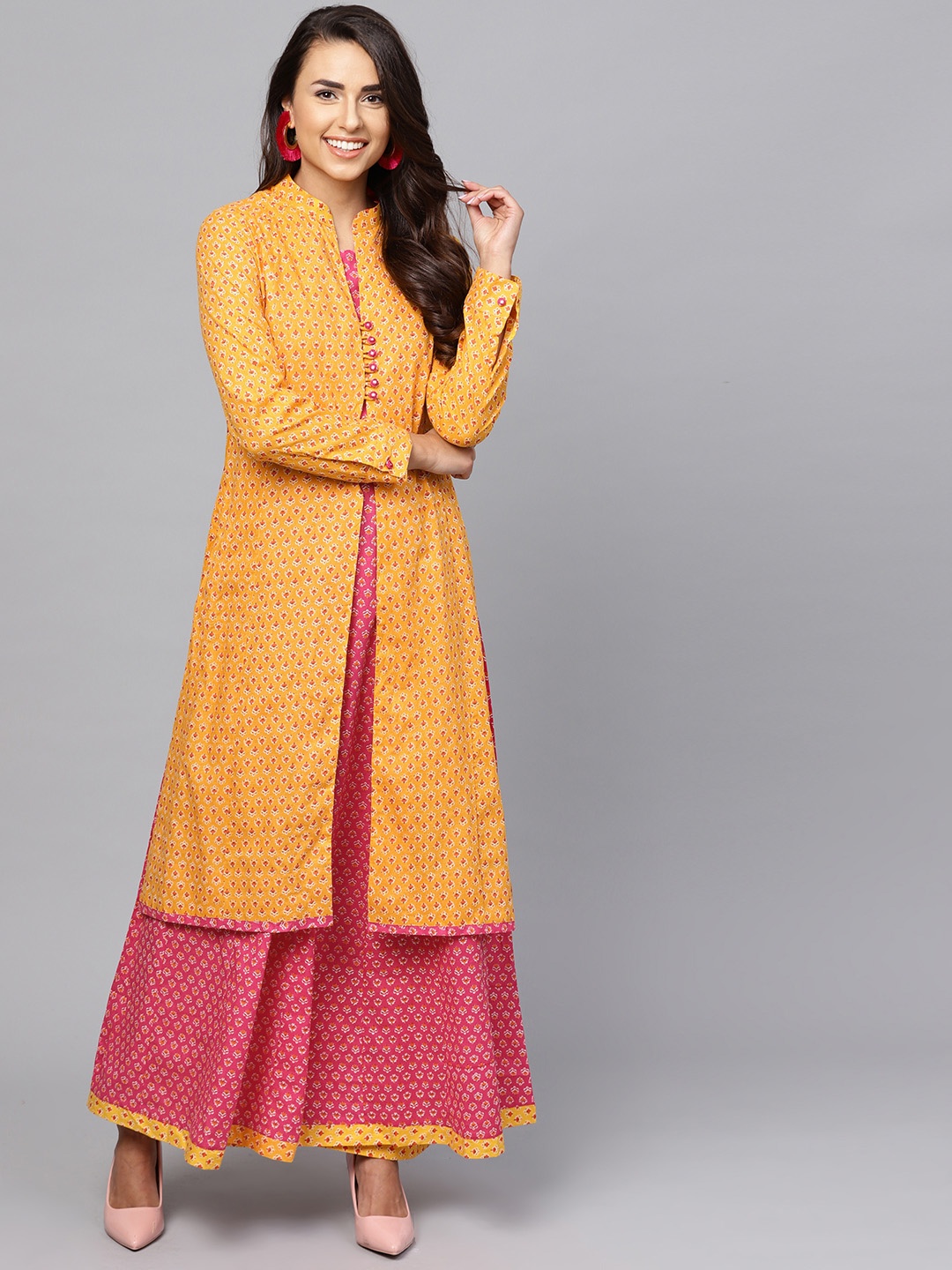 

Indo Era Women Mustard Yellow & Pink Printed A-line Layered Kurta with Jacket
