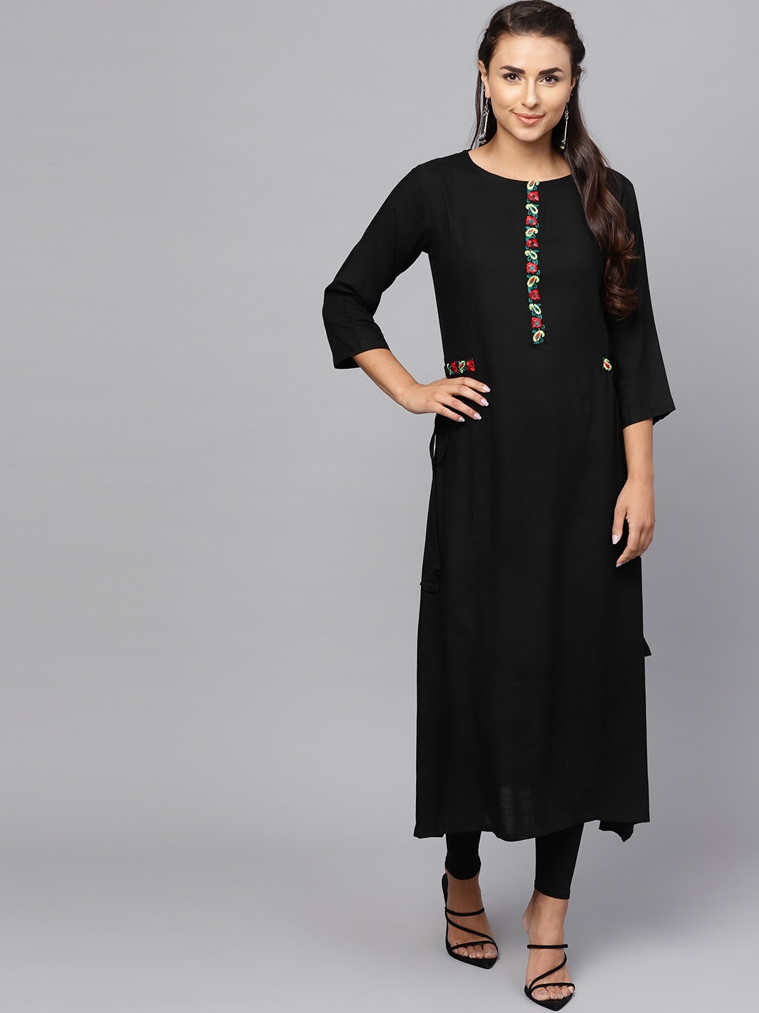 

Indo Era Women Black Solid A-Line Kurta