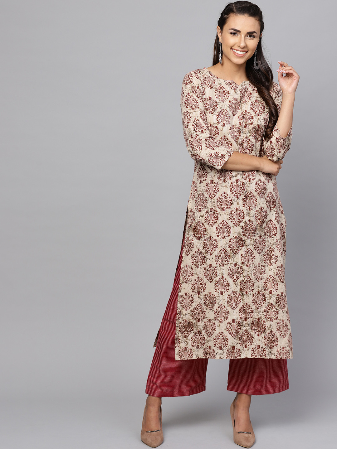 

Indo Era Women Beige & Maroon Printed Straight Kurta