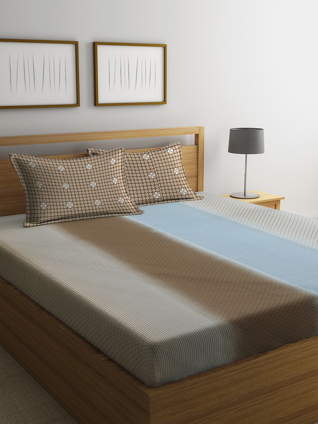 

SPACES Grey & Brown Geometric 144 TC Cotton Queen Bedsheet with Pillow Covers