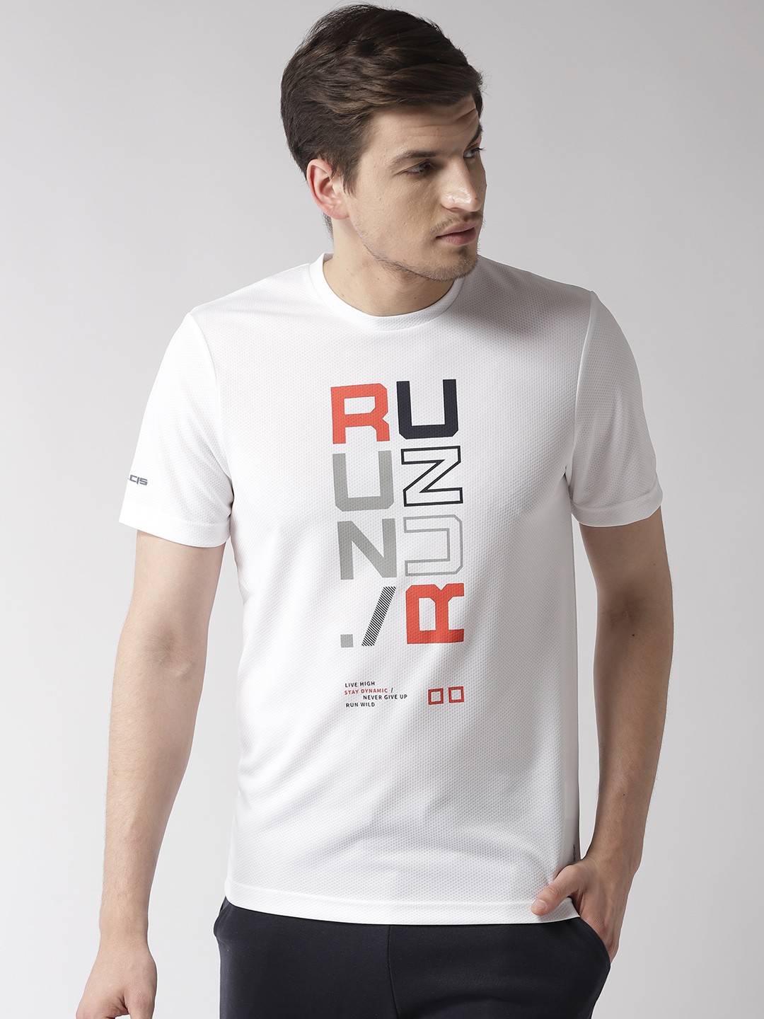 

Alcis Men White Printed Round Neck Running T-shirt