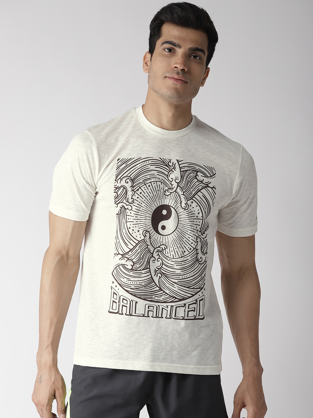 

Alcis Men Off-White Printed Round Neck Yoga T-shirt